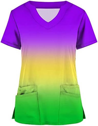 Момичето-Тийнейджър Vneck Блуза От Ликра Работна Търкане Униформи Топ С Къс Ръкав Градиентный Rainbow Цветен Графичен Тай-Дай Блуза