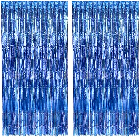 2 Опаковане на син фон с пискюли от фолио за пердета 3,2 Х 8,2 фута Са подходящи за декорация на всеки партита, като