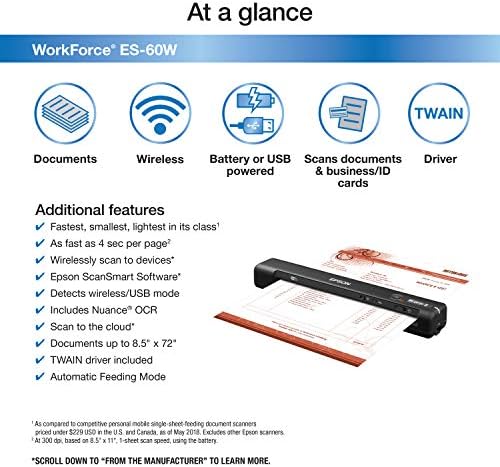 Безжичен портативен скенер листни документи Epson Workforce ES-60W за PC и Mac Черен, малък (обновена Премия) и портативен