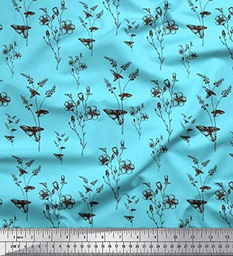 Плат от futon джърси Soimoi син цвят, с щампи, листа и цветове ширина 58 см