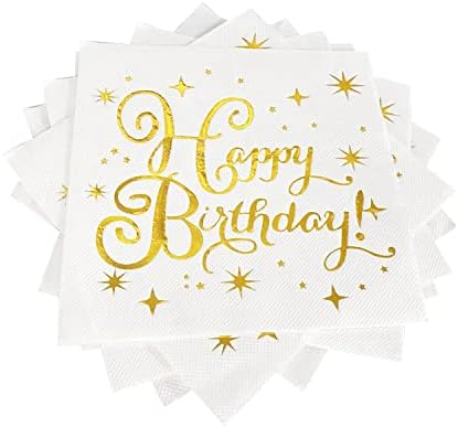 Хартиени Салфетки за рожден Ден Apriciti Бял и златист цвят, 100 Опаковки Квадратни Салфетки за коктейли с напитки и надпис Happy Birthday от златно фолио, идеално подходящи за