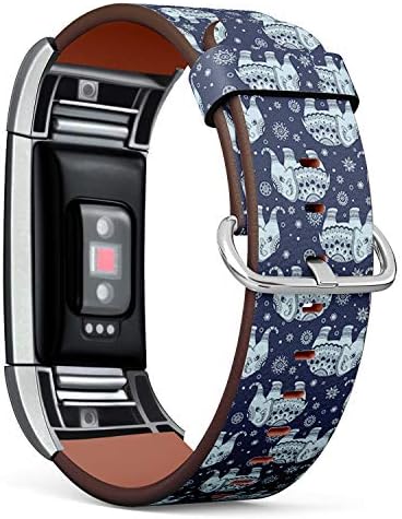 Съвместимост с Fitbit Charge 2 - Кожена каишка за часовник, каишка за китката-гривна със закопчалка от неръждаема стомана и адаптери (Tribal Слон)