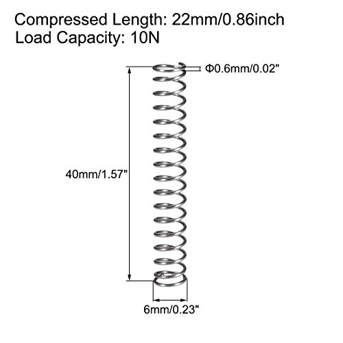 Пружина компресия uxcell, диаметър 6 мм, Размер тел 0,6 мм, Дължина в свитата 22 мм, Свободна дължина-40 мм, Товароносимост