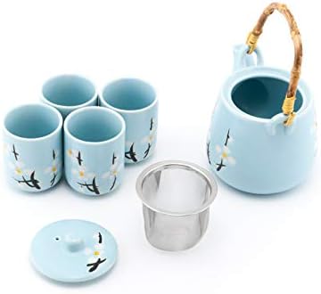 Fuji Стока Японски Синьо небе Сушун Сакура Череша Цветя Керамичен Чайник и 4 Чаша Чай Азиатски Начало Декор
