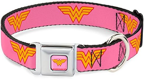 Нашийник за кучета с катарама за колан на автомобила - Розово с логото на Wonder Woman - Ширина 1 сантиметър - Подходящ за шията 9-15 инча - Малко