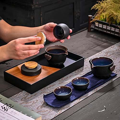 Керамични Чай набор от Кунг-фу, 1 Гърне, 2 чаши, 1 Банка, Преносим електрически Чайник, Порцелан Чай комплект Чаени чаши