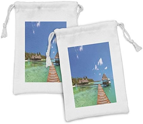 Тъканта чанта Ambesonne Beach Patway, Комплект от 2 теми, Мальдивский остров с Дълъг кей и Яхта, Релаксираща Тема Лятна почивка, Малка Чанта на съвсем малък за Тоалетни принадл